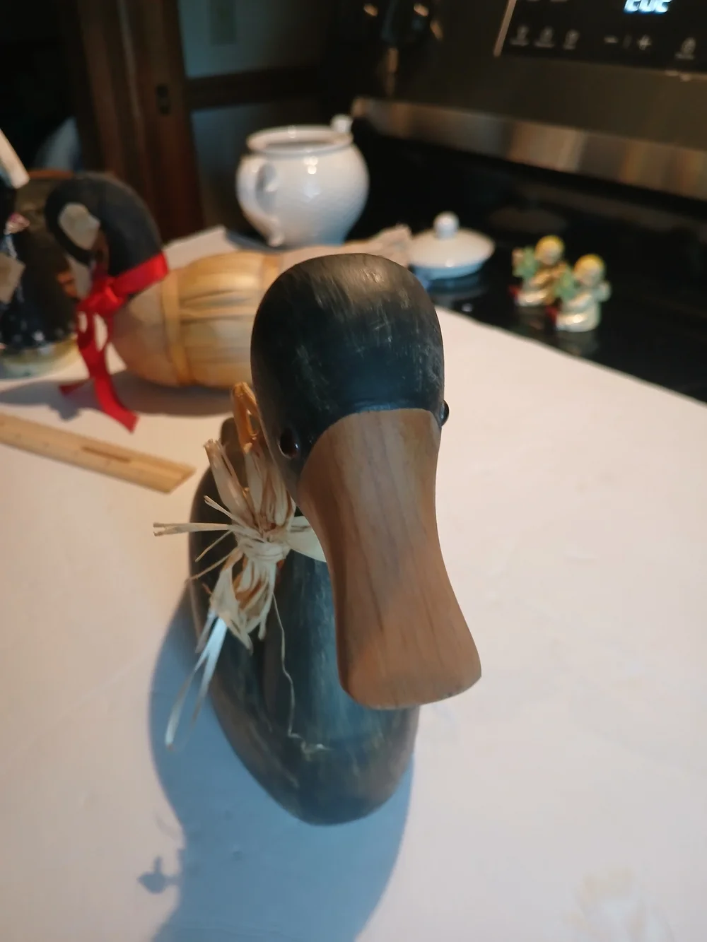 Source Unknown Black Wooden Duck Figurine with Raffia Accent